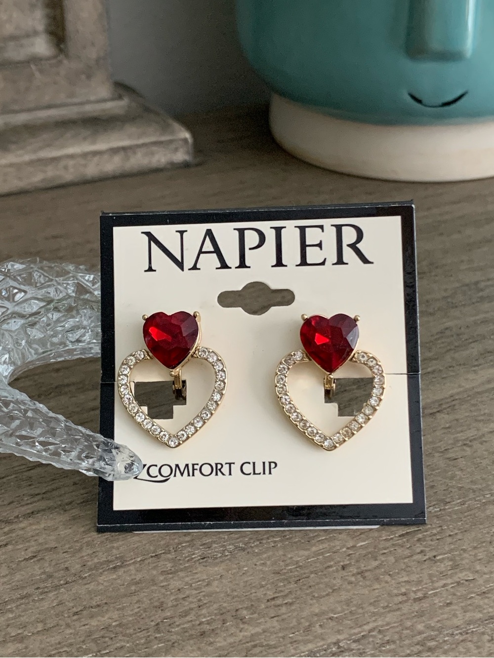 Napier Be My Valentine Red Heart Dangle Drop Gold Tone Comfort Clip-On Earrings